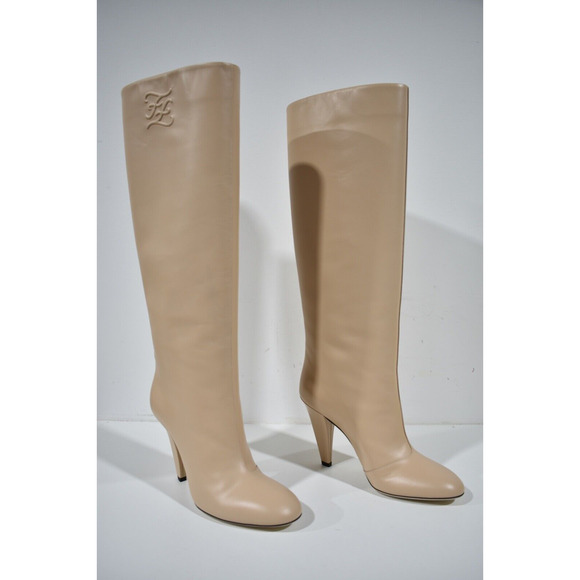 Fendi Karligraphy FF Logo Motif Poudre Beige Nude Leather Knee High Heel Boot 40 - Picture 5 of 12